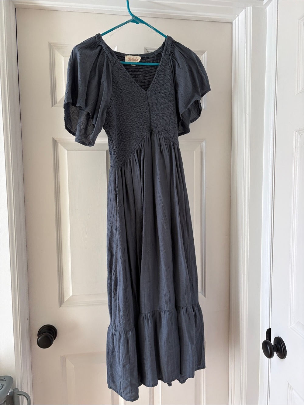Smocked V-Neck Midi Dress in Blue Gray